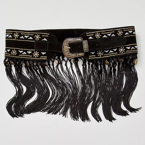 Free People Accessories - Free People Frey Embellished Fringe Belt Embroidered Leather Coin Black Large